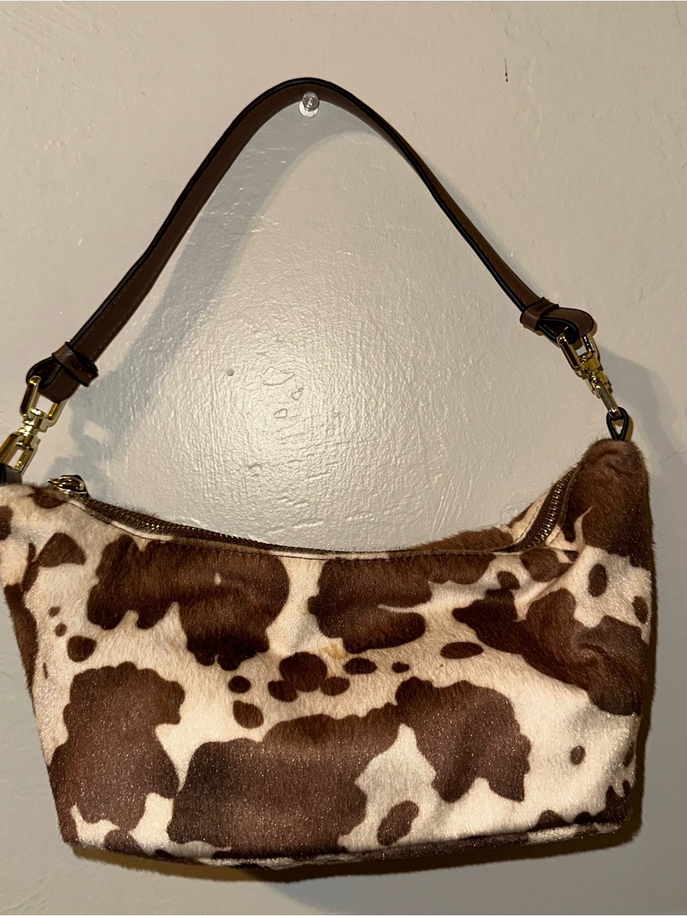 Cowhide-Pattern Shoulder Bag in Brown and White